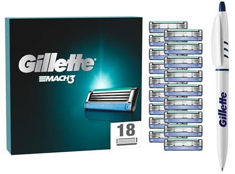 Gillette Gillette Mach 3 Rasierklingen, 18 Ersatzklingen für manuellen Rasierer, 3 Klingen, verbessertes Gleiten dank Schmierstreifen, Stift im Lieferumfang enthalten