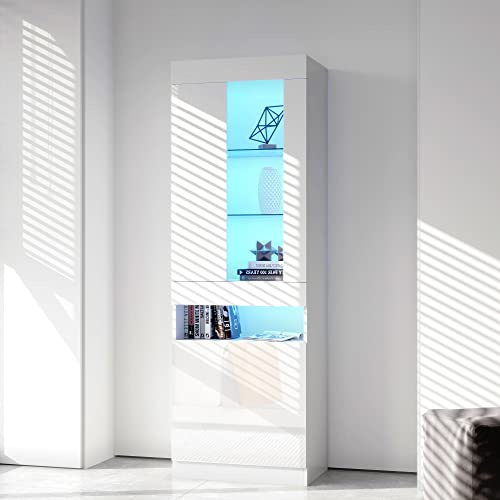 soges LED-Beleuchteter Vitrinenschrank Weiß Hochglanz 50x40x180 cm, Multifunktionaler Aufbewahrungsschrank für Wohnzimmer