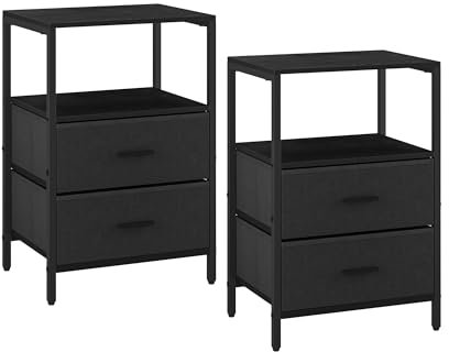 Hzuaneri Nachttisch 2er Set, Beistelltisch mit 2 Stoff-Schubladen und Regalen, Offenes Fach, Couchtisch, Nachtschrank Schlafzimmer, für Wohnzimmer, Schlafzimmer, Schwarz NS30704B