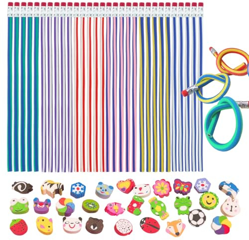 LURNODY 30 Stifte Biegebleistifte Mit 30 Radiergummis Bleistifte Kinder Stifte Mit Verschiedenen Formen, Geeignet für Schulpreise Kindergeschenke Partygeschenke (Modell Mit Gerader Maserung)