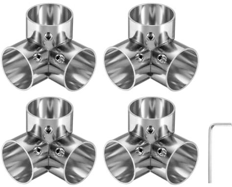 Sourcing Map 4Pcs Stainless Steel Elbow Corner Cross Pipe Connectors, 3 Way End Rails Clamp with Wrench, Silver, 1 Fit Pipe Dia, DIY Shelf Garden Support