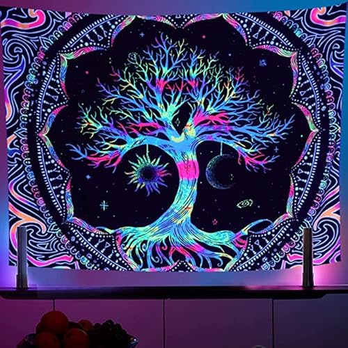 Blacklight Tree of Life Tapestry - UV Reactive Spiritual Life Tree Wall Hanging Glow in the Dark Tapestry for Backdrop Bedroom Dorm Living Room Decor (Tree, S(130 * 150))