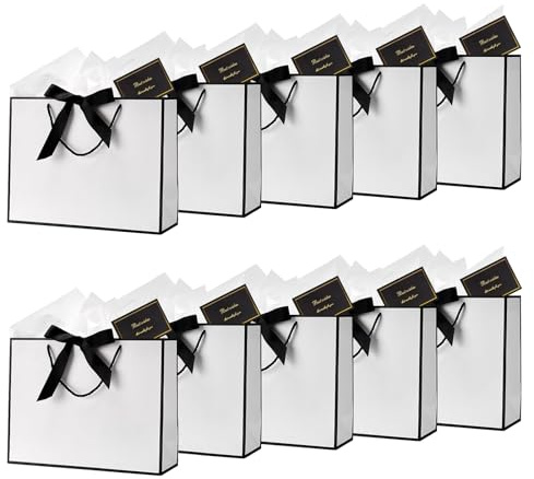 Gift Bags for Presents Meduium Size | 10 Pcs White Black Gift Bags with Bows Cards Wrapping Paper, Suitable Birthday Wedding Party Engagement Anniversary Christmas