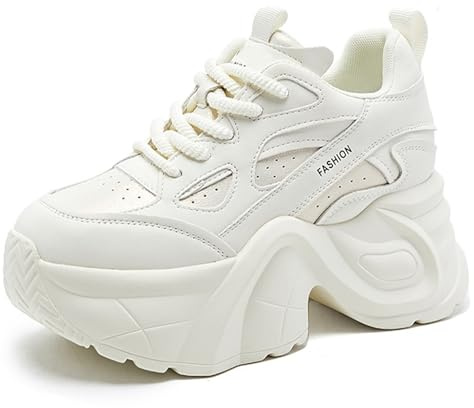 Women's Chunky Platform Walking Dad Shoes Lace Up Wedge Low Top Height Increasing Shoes Fashion Comfortable Casual Sneakers (White,5)