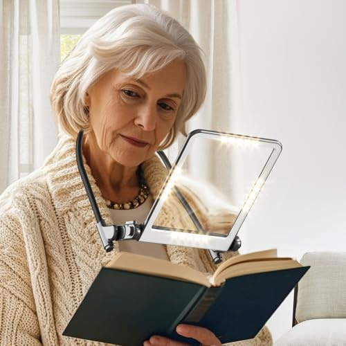 TonyEst Magnifier with Light Hands Free, 3 Color Dimmable, Magnifying Glass with Light for Reading, Neck Wear Full Page Magnifier for Seniors Low Vision Elderly, Close Work, Sewing