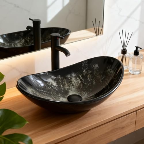 ZealWe Waschbecken Aufsatzwaschbecken Glas, Waschbecken Aufsatz Waschschale Oval für Badezimmer, Handwaschbecken Gäste WC 53 × 35× 15,5 cm Waschtisch Waschplatz, Braun, Tintenblau
