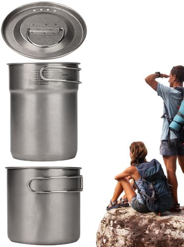 2 pentole da campeggio, per esterni, in acciaio inox, con manico pieghevole, con tazza portatile, per escursioni, alpinismo e giardino