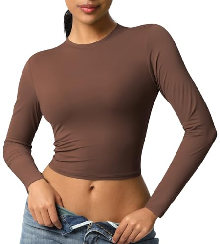 JTSONN T-Shirt de Sport Femmes Manches Longues Respirante Chemise Fonctionnelle Haut de Course Chemise Compression Col Rond Yoga Fitness Workout Gym Running Crop Top