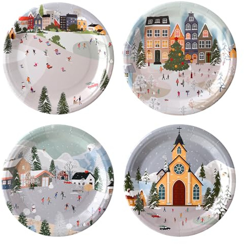 Yungyan 100 Pcs Winter Village Paper Plates 9 Inch Christmas Party Dinner Plates Bulk Disposable Party Supplies for Xmas Winter Holiday Dishware Decoration