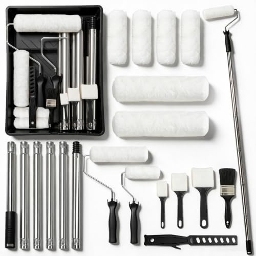 Qivine Paint Roller Set with Extension Pole 5.9Ft 15 Piece Painting Roller Set with Trays Sets & 6 Quality Brush Head, Detachable Pole Handle, Long Household Wall Painting Tool for Walls and Ceiling