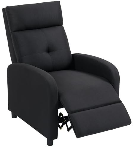 HOMCOM Sillón Relax Reclinable Manual, Sillón Relax de Lino con Apertura Push, Reposapiés, Respaldo Alto, Acolchado Grueso, Butaca Reclinable hasta 155º para Salón, Dormitorio, Oficina, Negro