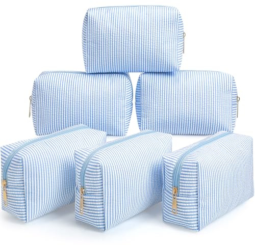 Sanwuta 6 Pcs Seersucker Cosmetic Bags Bulk, Striped Zippered,Light Blue | Makeup Bags Women Pouch, Large Preppy Storage Toiletry Travel Pouch for Christmas Winter Bridesmaid Bride Favor Women Gift