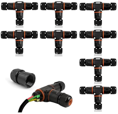 Pack of 8 Cable Connectors, Waterproof IP68, T-shape Junction Box, Terminal Box, Cable Connector, Waterproof 3-Pin Earth Cable Connection Sleeve for Diameter 3-12 mm Cable Diameter