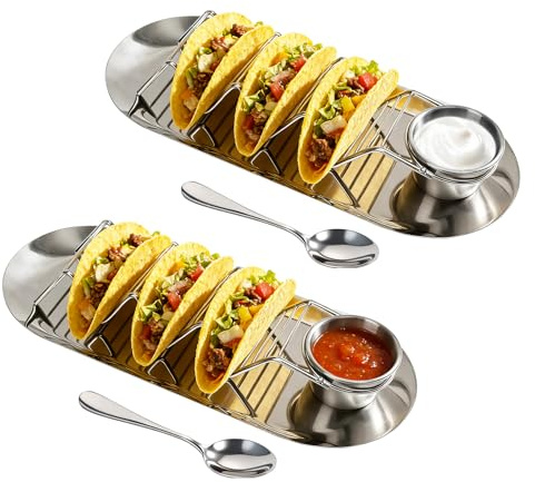 Paquete de 2 soportes para tacos de acero inoxidable con bandeja, tazas de salsa y cuchara | Juego de 3 ranuras para Taco Night, entretenimiento en casa