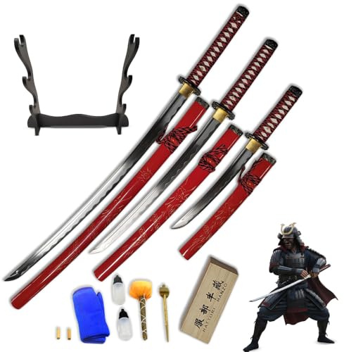 Handgeschmiedetes Samurai Schwert Set Rot (3-teilig) | Katana, Wakizashi & Tanto aus 1050 Kohlenstoffstahl | Inkl. Ständer & Pflegeset | Traditionelles Daisho für Sammler