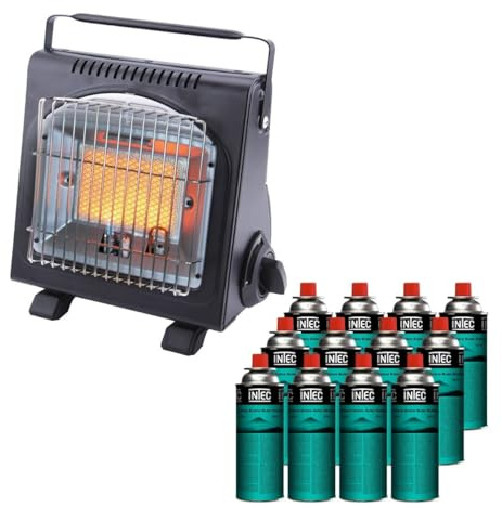 INTEC - Bärbar gasvärmare 1 700 W + 12 gaspatroner Piezo termoelement ODS camping fiske