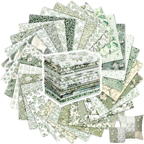 Tatuo 30er Set Baumwollstoff Paket 25 x 25 cm Blumen Patchwork, Salbeigrün | Bündel Quadrate Baumwollstoff, zum Quilten, Nähen, DIY Handwerk Herstellung, Verschiedene Blumenmuster, Patchworkstoff