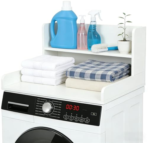 Plan de Travail Machine à Laver 60 × 60, Bois Plan de Travail Buanderie avec Etagère à 2 Niveaux, Planche Machine a Laver Imperméable et Montage Rapide, Washer Dryer Countertop (Blanc)