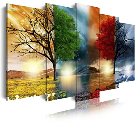 DekoArte 237 - Cuadros Modernos Impresión de Imagen Artística Digitalizada | Lienzo Decorativo Para Tu Salón o Dormitorio | Estilo Paisaje Cuatro Estaciones del año Árboles Rojo | 5 Piezas 150x80cm