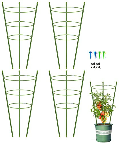 Paquete de 4 jaula de tomate para plantas trepadoras, enrejado de 24 pulgadas para plantas trepadoras, kits de enrejado de plantas con 4 estacas de riego automático y 20 clips para plantas