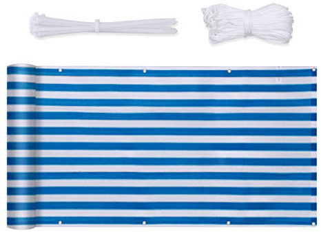 Sekey Balkon Sichtschutz Balkonabdeckung HDPE 220 g/m², 75x600cm, Leicht Transparent Wind- und UV-Schutz Wetterfest, mit Ösen, Nylon Kabelbinder und Kordel, Blau-Weiß Gestreift