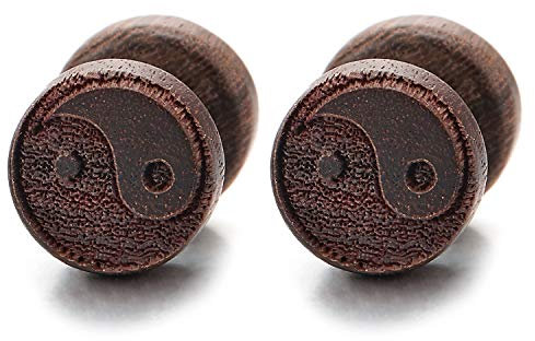10MM Bois Yin Yang Cercle Boucles d'oreilles Homme Femmes - Bouchon Jauge d'oreille Faux Cheater Fake Gauges Plugs Acier