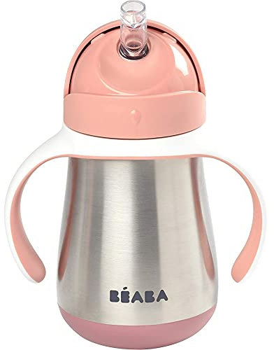 BÉABA - 2 in 1 Sippy Cup - Toddler cup - Children’s Beaker with straw - 100% Waterproof - Easy to Open - Removable Handles - Inox - 250 ml - Pink