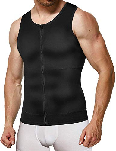 Gotoly Men Compression Shirts Slimming Undershirts Shapewear Waist Trainer Body Shaper Vest Zipper Tank Top (Black, X-Large)