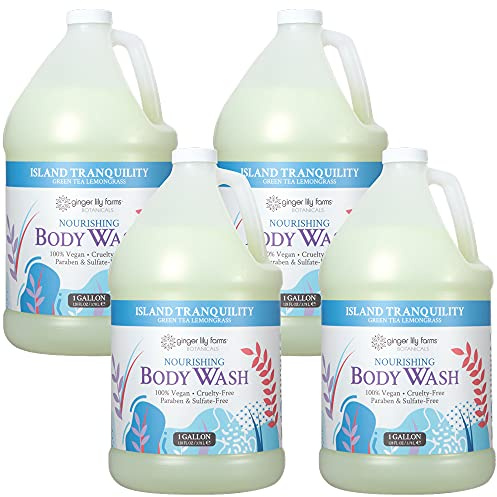 Ginger Lily Farms Botanicals Nourishing Body Wash, Island Tranquility, 100% Vegan & Cruelty-Free, Green Tea Lemongrass Scent, 1 Gallon Refill (Pack of 4)