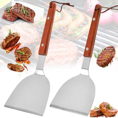dcas 2 Pezzi Spatola In Acciaio Inox, Spatola Multifunzione Per Barbecue, Manico In Legno Spatola Per Cottura, Spatola Professionale Per Grill, Spatola Per Barbecue a Mano In Legno (2 Misurare)