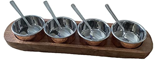 Copper Chutney Tray Relish Condiment Serving Set 4 Pot Pickle Set 9 pcs Wood Base Set Restaurant Serving