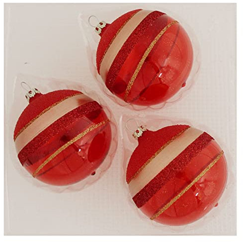 Thüringer Glasdesign Weihnachtskugeln Rot mit Glitterstreifen, 3 Stück/Set, ca. 8 cm, Weihnachtsdeko