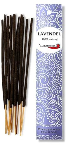 12 Stück – AUROSHIKHA Lavendel – Indische Räucherstäbchen 100% natürlich ohne Chemie für Meditation & Entspannung