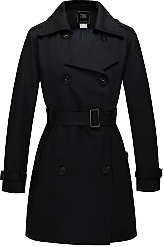 Wantdo Gabardina Impermeable con Doble Botonadura para Mujer Abrigo Ligero a Prueba de Viento Charreteras con Cinturón Chaqueta Ajustada Negro 46