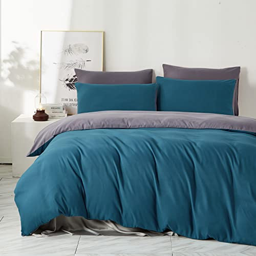 Boqingzhu Bettwäsche 200×200cm Petrol Blau und Grau Anthrazit Uni Wende Bettwäsche Set Microfaser Deckenbettbezug und 2 Kissenbezüge 80x80cm mit Reißverschluss