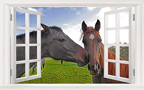 3D Full Color High Definition Zwei Pferde Tier False Faux Fensterrahmen Fensterbild Vinyl Schlafzimmer Wandtattoos Aufkleber