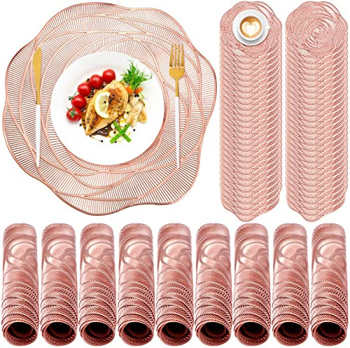 Sieral Platzset aus gepresstem Vinyl, 38,1 cm, rund, ausgehöhlte Rose, metallisch, rutschfest, inklusive Platzsets und Untersetzer für Esszimmer, Küche (Roségold)