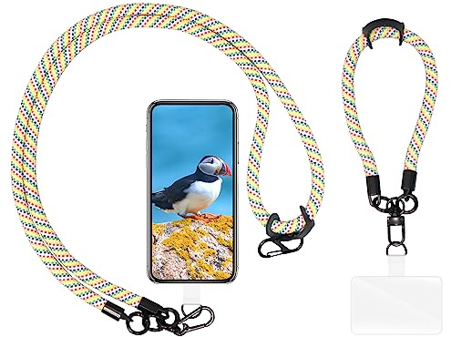 AHABIPERS Handykette Universal, Nylon Handy Kette + am Handgelenk Handy Umhängeband Kompatibel mit Meisten Smartphones, TPU Handy-Patch mit Metallring - ohne Hülle - Regenbogen
