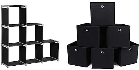 SONGMICS Bücherregal, 6-Würfel-Regal, DIY, Treppenregal & Aufbewahrungsbox, 6 Stück, Faltbox, Faltbarer Organizer, mit Fingerloch, 30 x 30 x 30 cm, Vliesstoff, schwarz RFB02H-3
