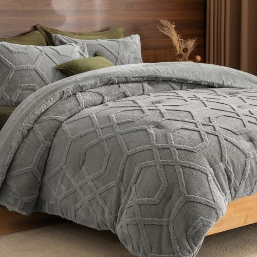 PHF Warm Sherpa Fleece Queen Comforter Set, 3D Tufted Fluffy Grey Bedding for Winter, Soft 3 Pieces Shaggy Bed Set, 1 Comforter (90x90) and 2 Pillowcases (20x26)