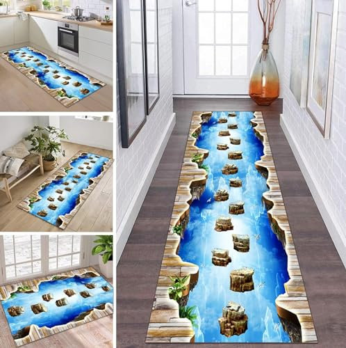 ZDYHMrj 3D Teppich Läufer Flur Küche rutschfest waschbar Teppichläufer Lang 80X500CM Braun Blau Weiß Grün Korridor Teppichmatten Kücheteppich Schlafzimmer Wohnzimmer Flurmatten Breit 40-120cm
