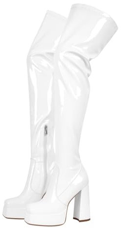 blingqueen Overknee Stiefel Damen Plateau Blockabsatz Stretch Boots Lack Weiß 41 EU