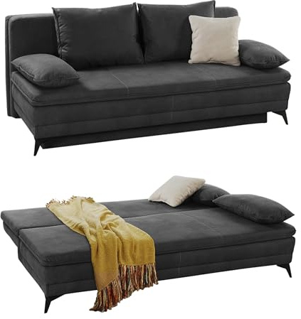 luma-Home 15159/ Dauer-Schlafsofa mit Bettkasten,Mikrofaserstoff Dunkelgrau | B202/T105/H90 cm, integrierter Kaltschaum-Topper, Wellenunterfederung, Schlaffunktion Liegefläche 158x199 cm