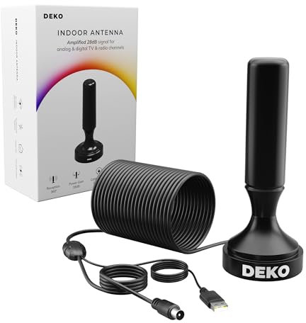 DEKO Antenna TV Interna DVB-T2 Amplificata con Base Magnetica, 28dB, 360° Ricezione, Supporta Canali HD 4K/1080P, Cavo Coassiale da 5M, per Smart TV e Ricevitori DVBT2