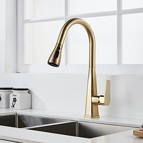 WGNHWJAYT Küchenspüle-Wasserhähne mit ausziehbarer Brause, 2 Ausläufe, ausziehbare Küchenspüle, Einhebel-Spüle-Wasserhahn mit ausziehbarer Brause, gemischter Warm- und Kaltwasserhahn, Gold
