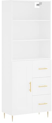 Modern Grey Pine and Oak Brown Plywood High Sideboard with Drawers Space Saving Living Room Storage Cabinet 69.5cm Wide