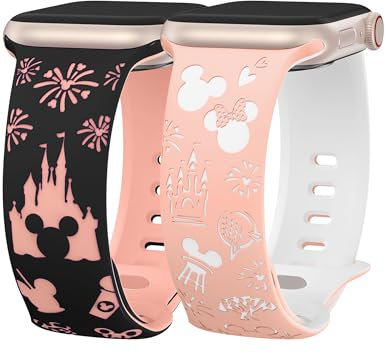 BEEXI 2 Packs Cartoon Engraved Compatible with Apple Watch Strap 41/40/38mm/42mm Women,Two-Tone Cute Soft Silicone Sport Strap for iWatch Series 11 10 9 8 7 6 5 4 3 SE(3 2 1), Black&Sandy Pink