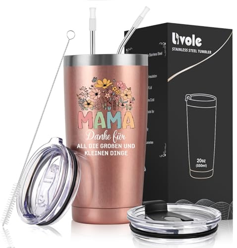 Livole Geschenke für Mama Muttertag, Mutter Tochter Geschenk - Danke für all die Großen und Kleinen Dinge - Tasse Mama Thermobecher, Dankeschön Geschenke Mutter, 600ml Edelstahl Kaffeebecher to go