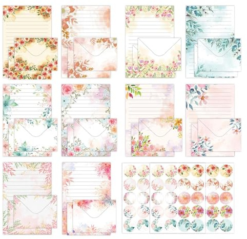 160 pezzi di carta da lettere floreale con busta, 50 A5 a righe e 50 buste, acquerello, per bambini, ragazze, carta decorativa floreale con 60 adesivi per inviti di nozze (10 colori)