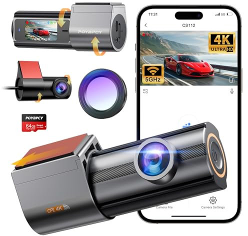Dashcam Auto Vorne Hinten 4K+1080P Dual Dash Cam 360° Drehbar mit 64GB SD Karte, 1.47 IPS Mini Auto Kamera mit CPL, Super Nachtsicht, WDR, G-Sensor, Loop-Aufnahme, APP Steuerung, Max 256GB